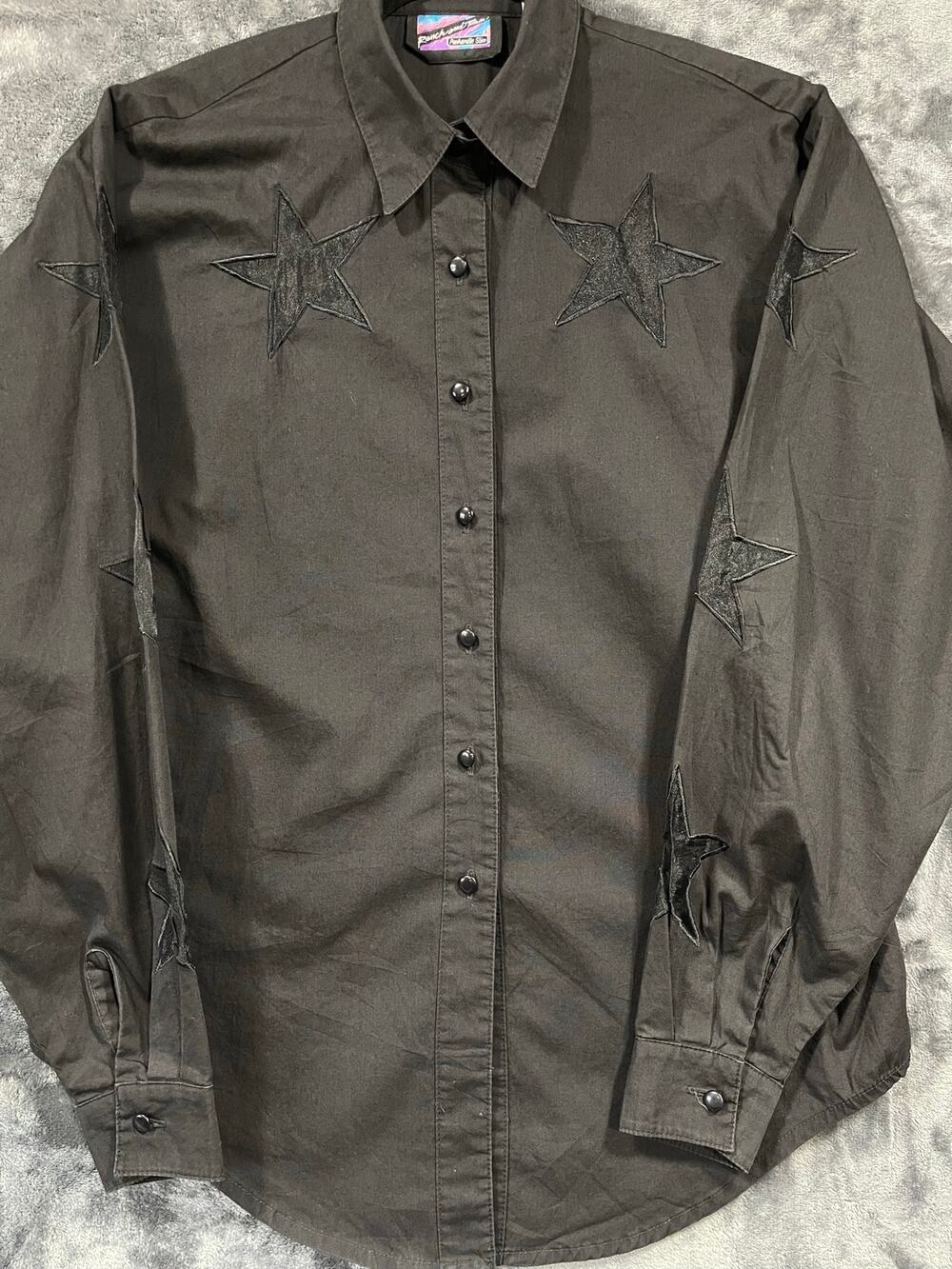 Vintage Panhandle Slim Ranch & Town Western Shirt Mens Small Black Sheer Stars